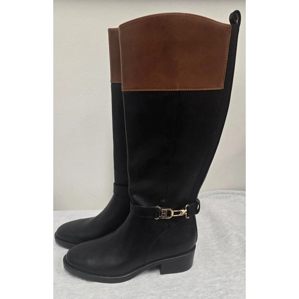 Tommy Hilfiger Black knee-high boots with brown  panel at top.  size:6M  #kneehi
